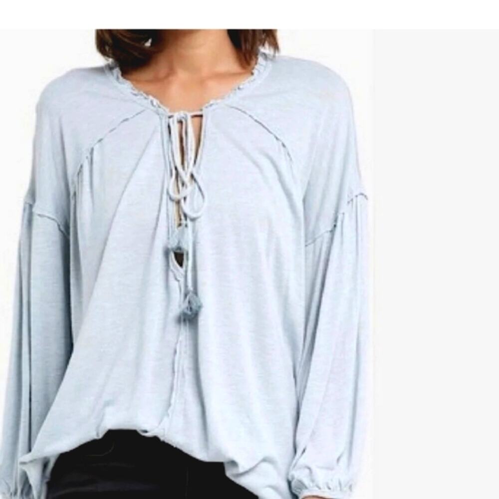 Linen We The Free Just A Henley Blouse Coastal Boho Smocked Top Blue Green S